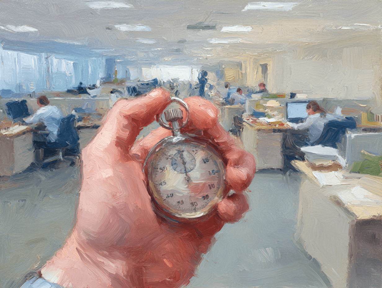 An impressionist oil painting depicts a hand holding a stopwatch in the foreground of a busy open-plan office. People are seated at desks with computers, papers, and office supplies. The soft brushstrokes and muted colors evoke a sense of time pressure in a corporate environment.