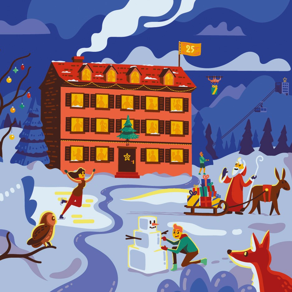 Winter illustration of a building surrounded by snow and people enjoying activities in the snow around.
