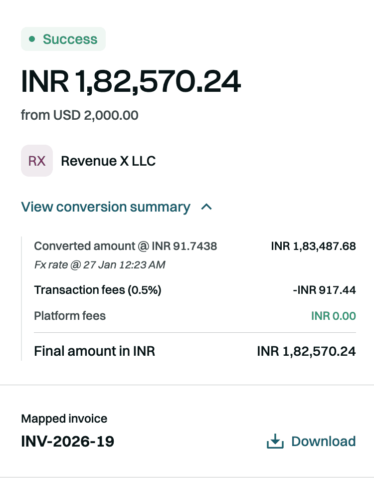 $2000 Transaction snapshot in InfinityApp