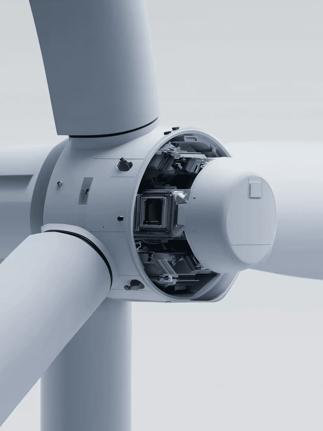 Close up of wind turbine nacelle and blade