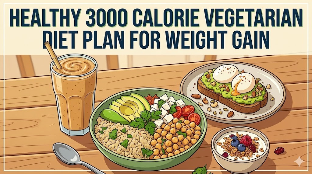 A colorful vector illustration featuring a balanced high-calorie vegetarian meal, including a quinoa chickpea power bowl, avocado toast with poached eggs, a peanut butter smoothie, and Greek yogurt with berries. Text at the top reads: Healthy 3000 Calorie Vegetarian Diet Plan for Weight Gain.