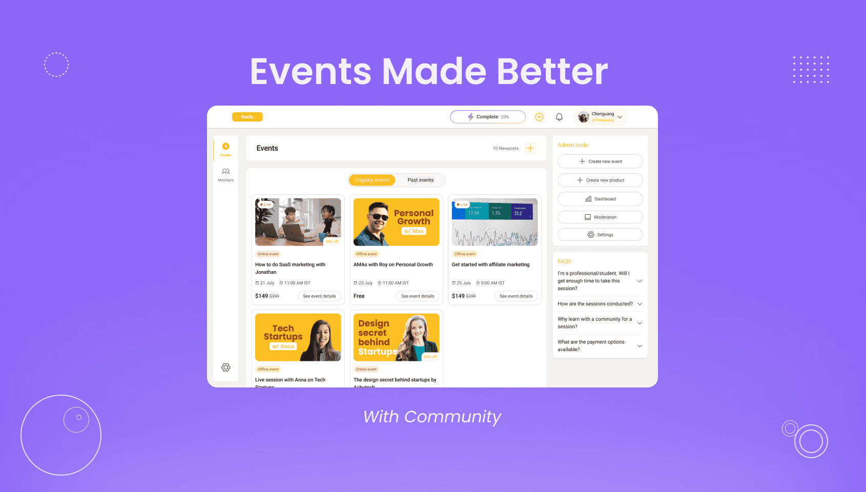 Events listed chronologically within the events tab of a coaching community created using Wylo.