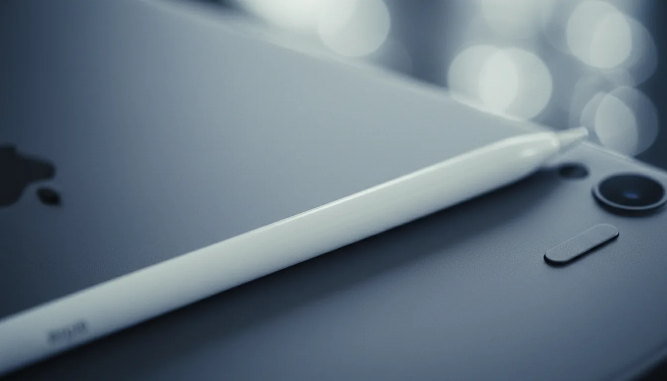 Macro DSLR photograph of a white Apple Pencil resting on the back of a dark gray iPad, extreme close-up. The scene is illuminated by soft, diffused studio lighting, creating subtle highlights on the matte textures. An extremely shallow depth of field creates a beautiful bokeh background, with the iPad's camera lens and volume buttons softly blurred. The focus is tack-sharp on the pencil. Cool, desaturated, cinematic color grading.