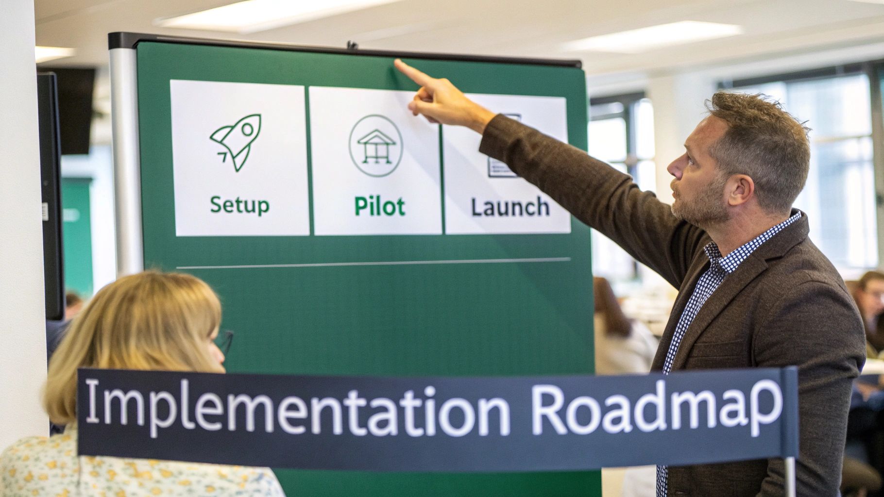 A man points at a green 