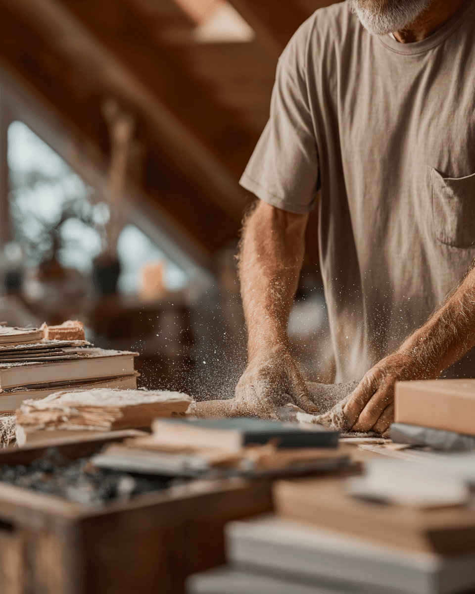 SilentAngels® Manager sortiert Gegenstände in einem vollen Dachboden – SilentAngels® Entrümpelungsservice für mehr Platz, Ordnung und Struktur im Zuhause.