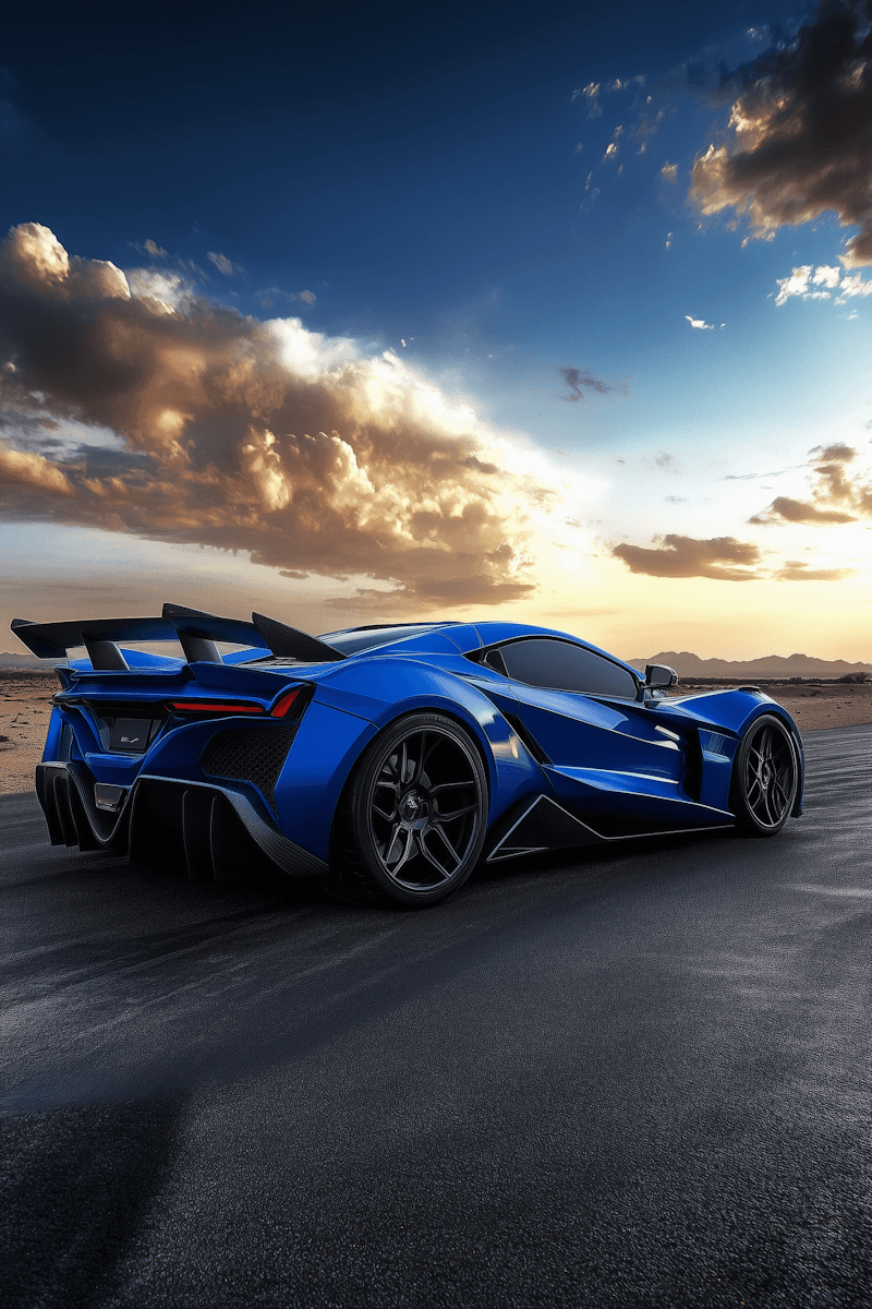 A blue sports car parked on a scenic road, with dramatic clouds and a sunset in the background.