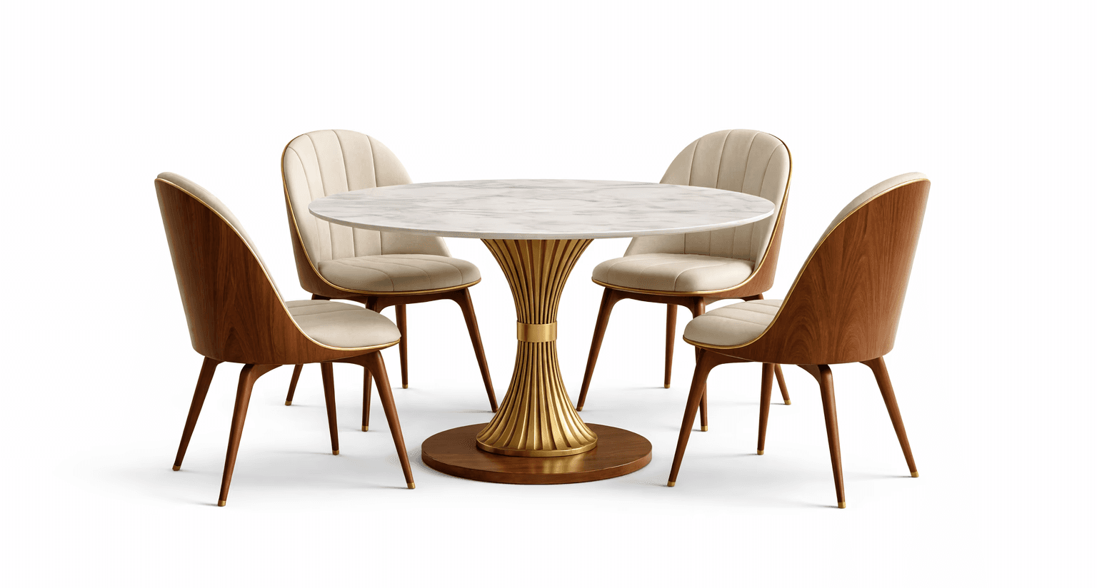 Modern styled round dining table with central pedestal base and upholstered bucket‑style chair