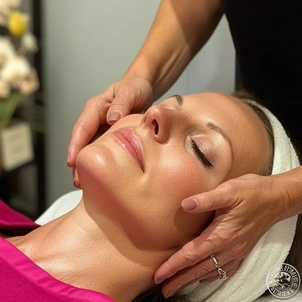 Close-up of a woman with a serene expression receiving a relaxing facial massage, lying on a spa bed with a towel wrapped around her head.