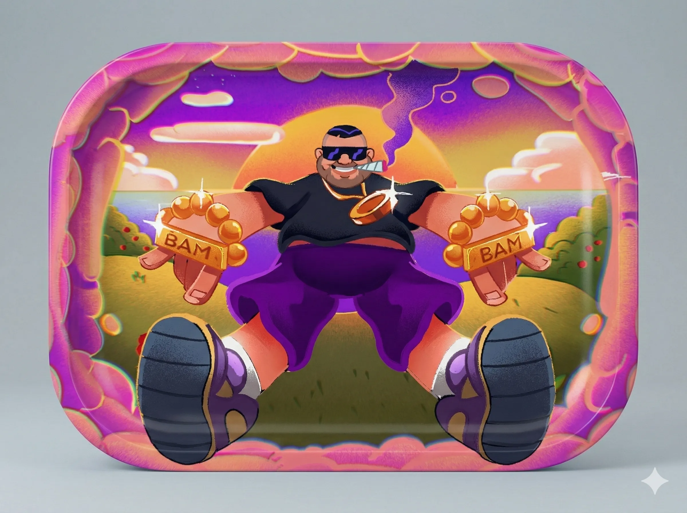 Dynamic illustration of the BamBam Budz character holding bright stylized flowers in a surreal environment.