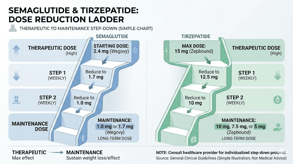 GLP-1 maintenance dose reduction ladder for semaglutide and tirzepatide