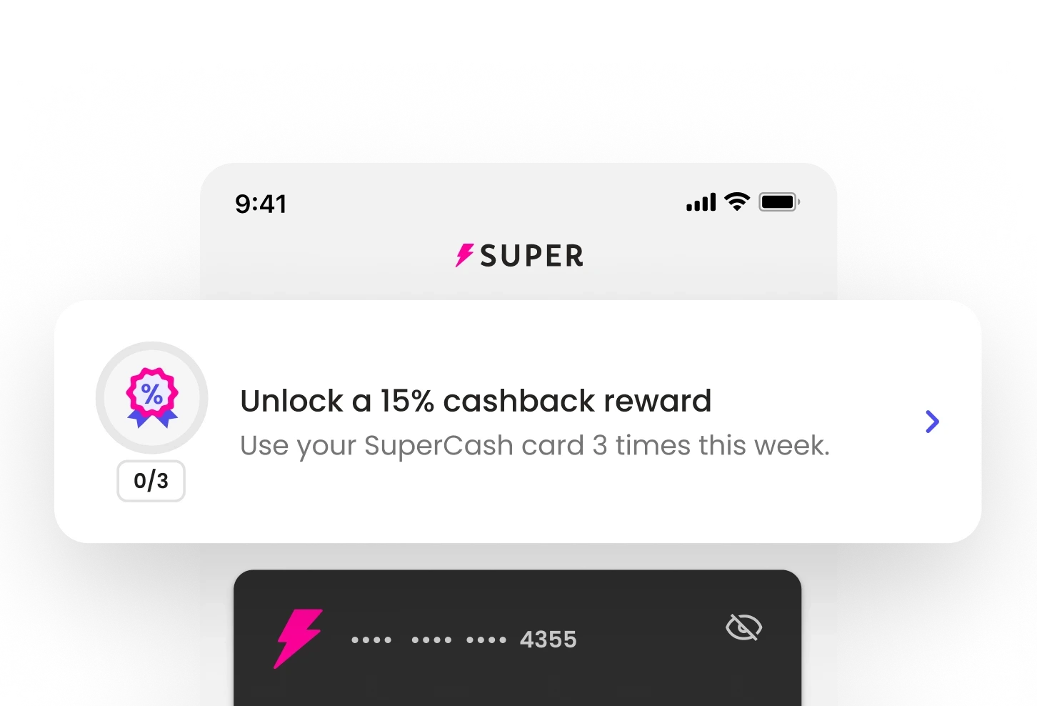 A three-step sequence of Super's app showing Mission's reward progression. Step 1 shows an empty progress ring for a 15% cashback reward. Step 2 shows the ring partially filled after two uses. Step 3 shows the completed reward state with confetti and a 'Use Card' call-to-action