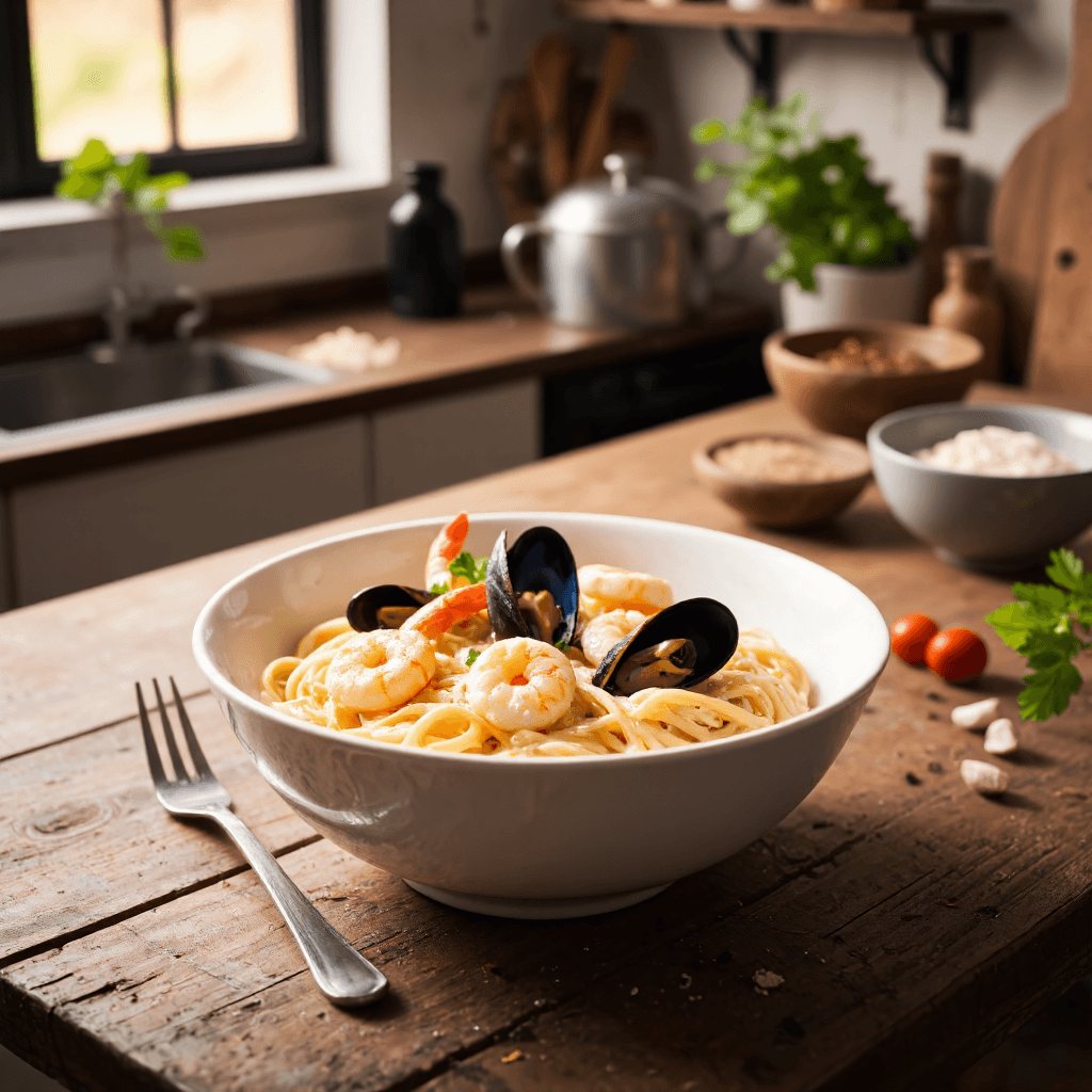 product photography of a bowl of seafood pasta in creamy sauce