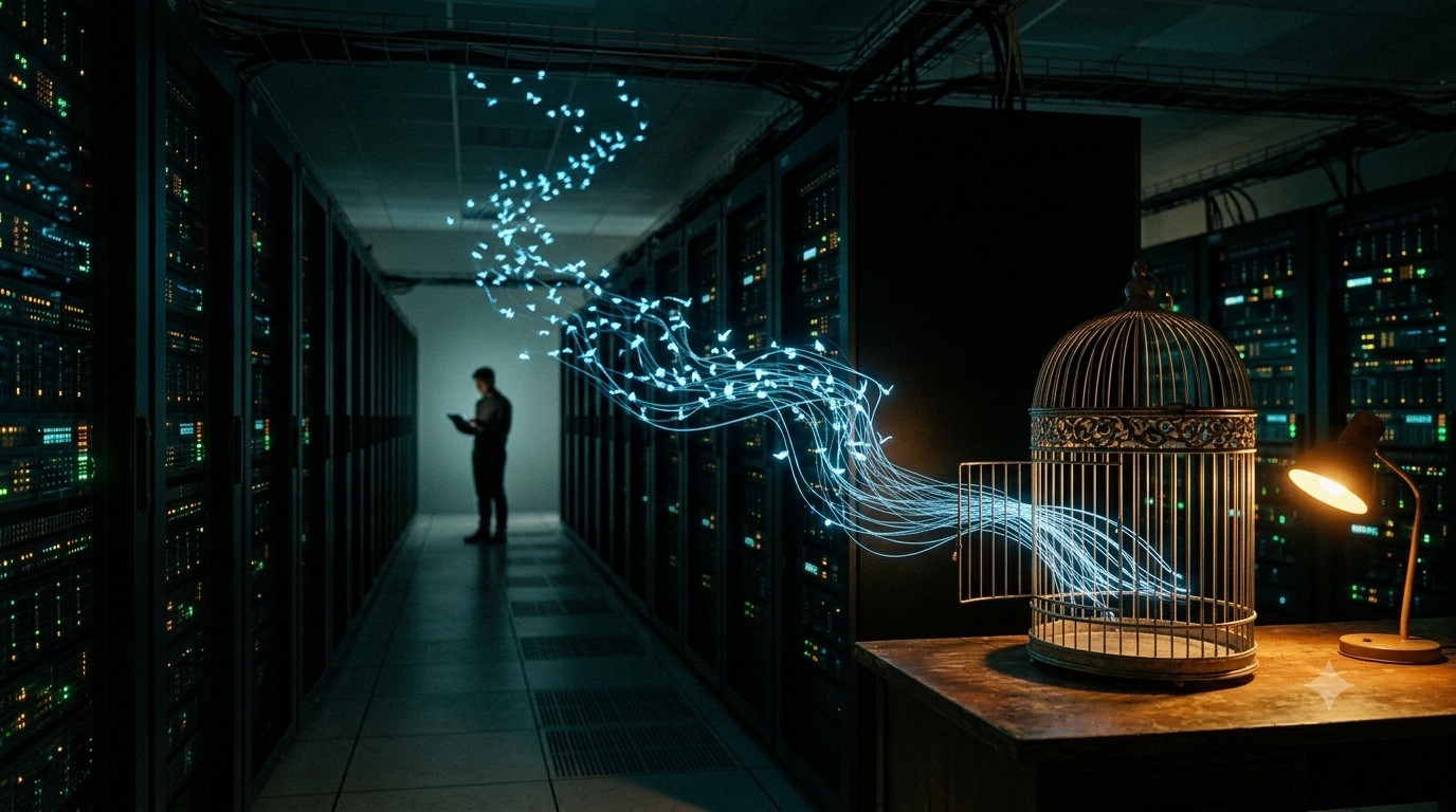Couloir de serveurs avec une cage et des flux lumineux
