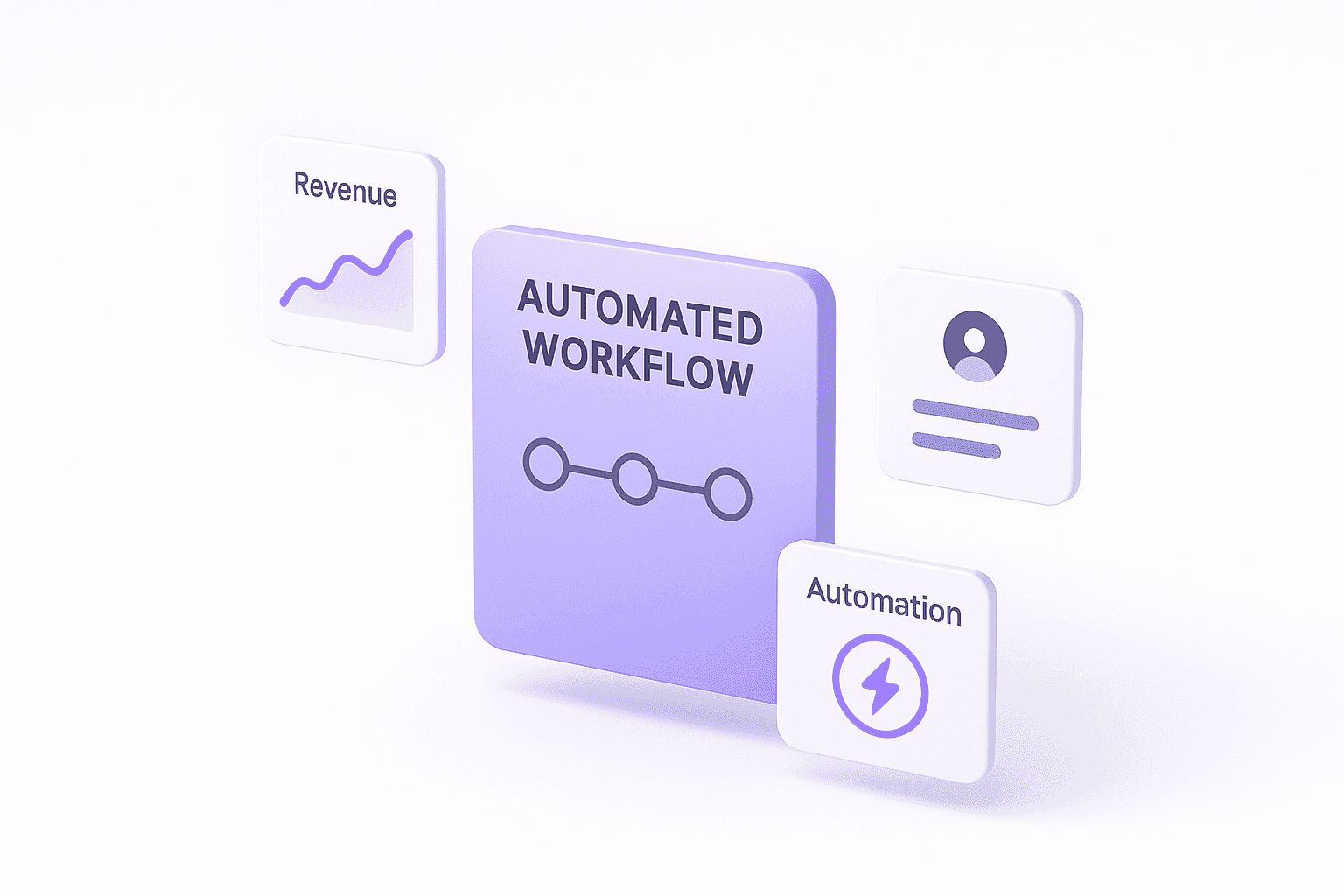 3D isometric illustration of an automated workflow dashboard with floating UI cards labeled “Revenue,” “Automation,” and “Automated Workflow,” in purple and blue gradients on a white background.