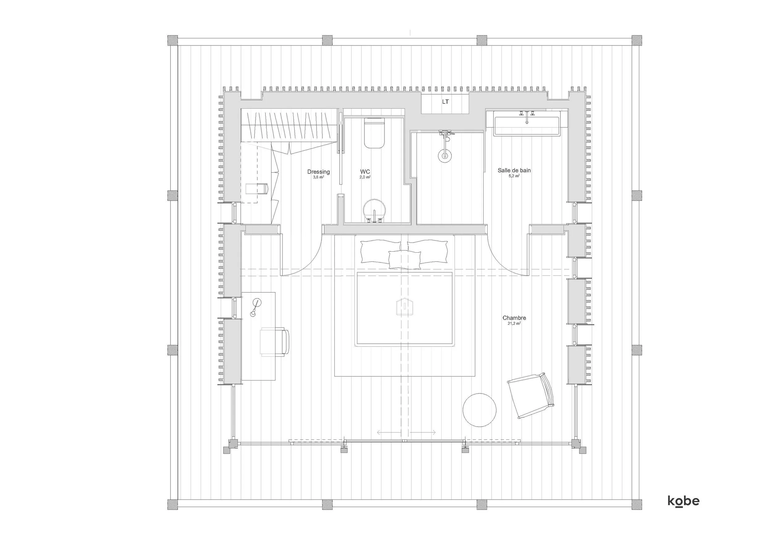 Plan d'aménagement intérieur de l'écolodge Kobe 34 m², chambre et salle de bain