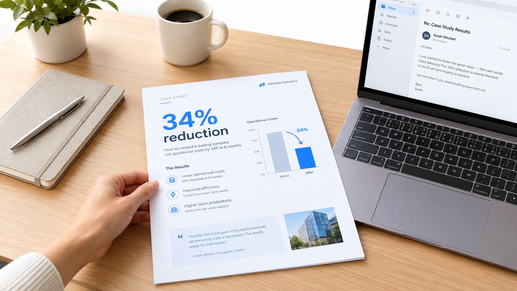 A person holding a printed case study document about operational cost reduction on a wooden office desk.