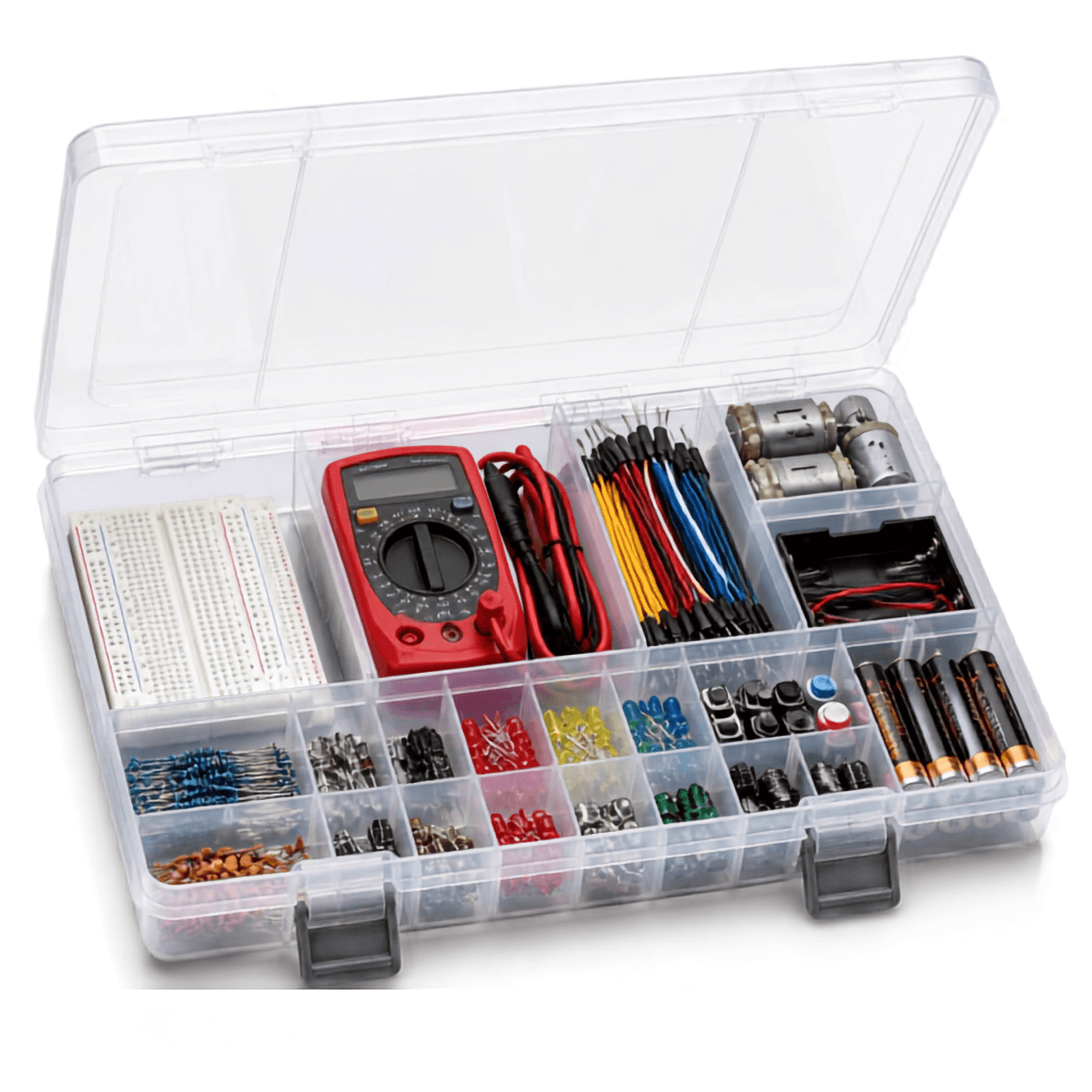 Basic Electronic Kit with breadboard, multimeter, LEDs, motors, switches and electronic components for STEM education