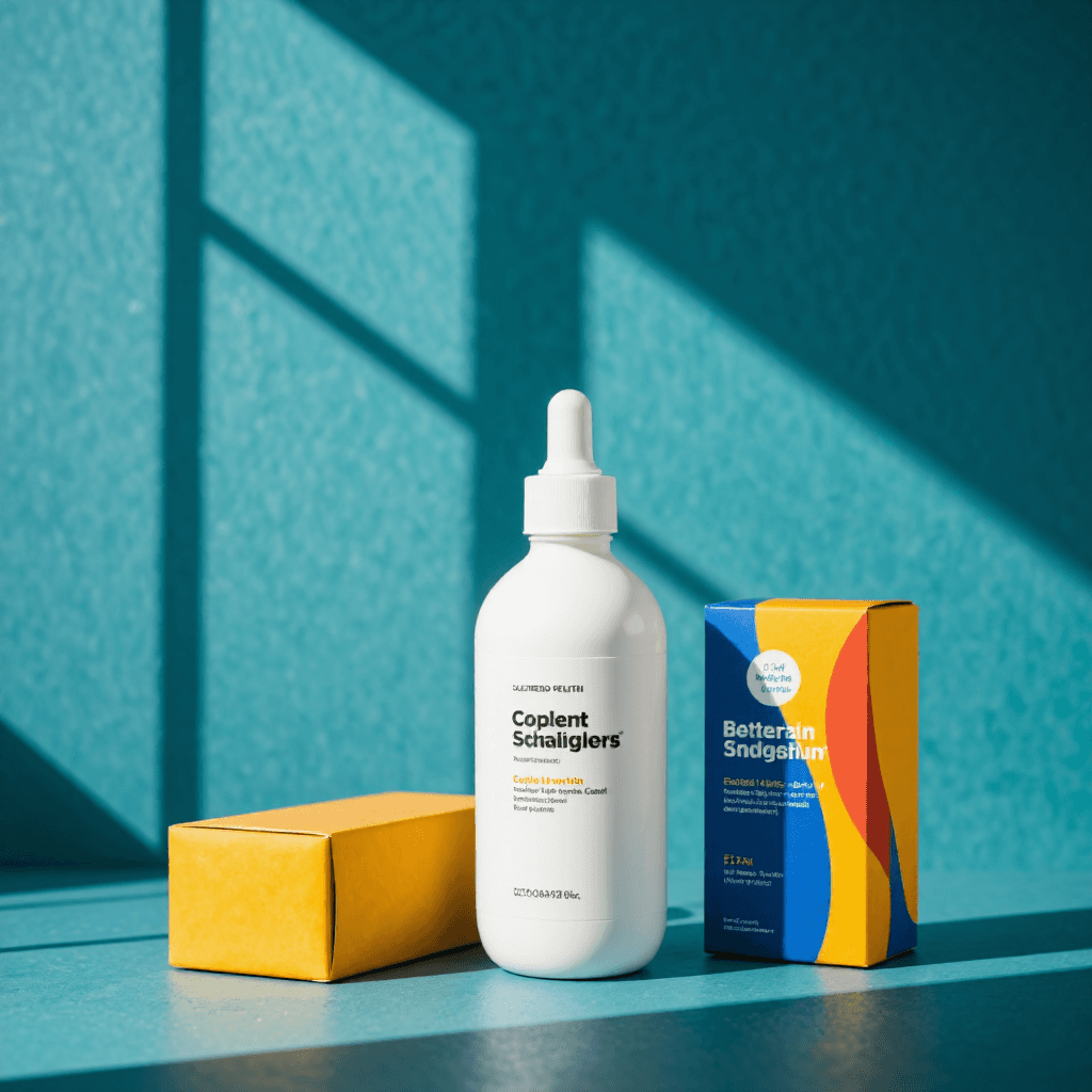 product photography of a bottle of dietary supplement with a box