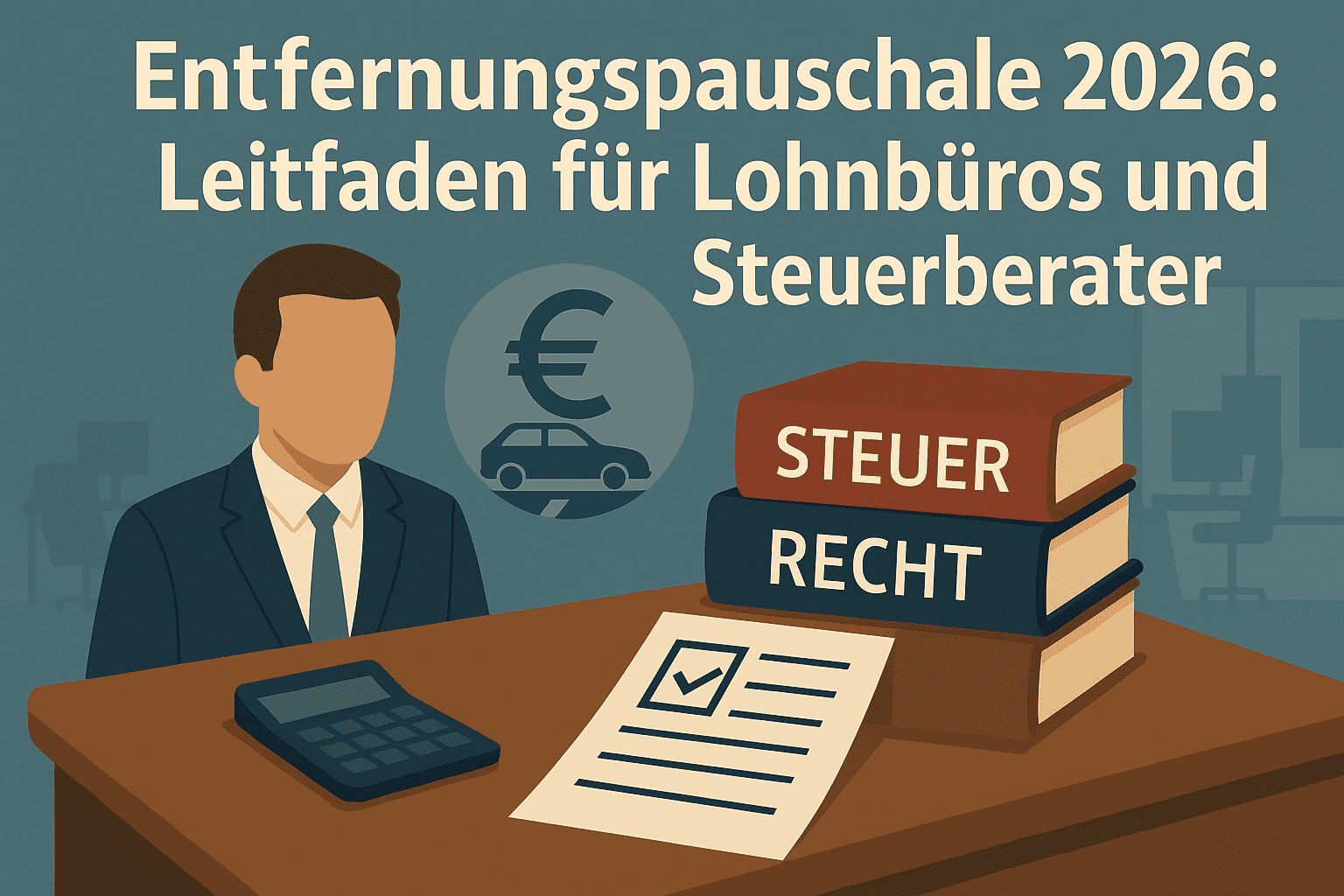 Illustration eines Steuerberaters im Büro mit Gesetzbüchern, Taschenrechner und Formular. Im Hintergrund ein Symbol mit Auto und Euro-Zeichen. Text im Bild: „Entfernungspauschale 2026: Leitfaden für Lohnbüros und Steuerberater“. Seriöser Flat-Design-Stil für steuerliche Fachartikel.
