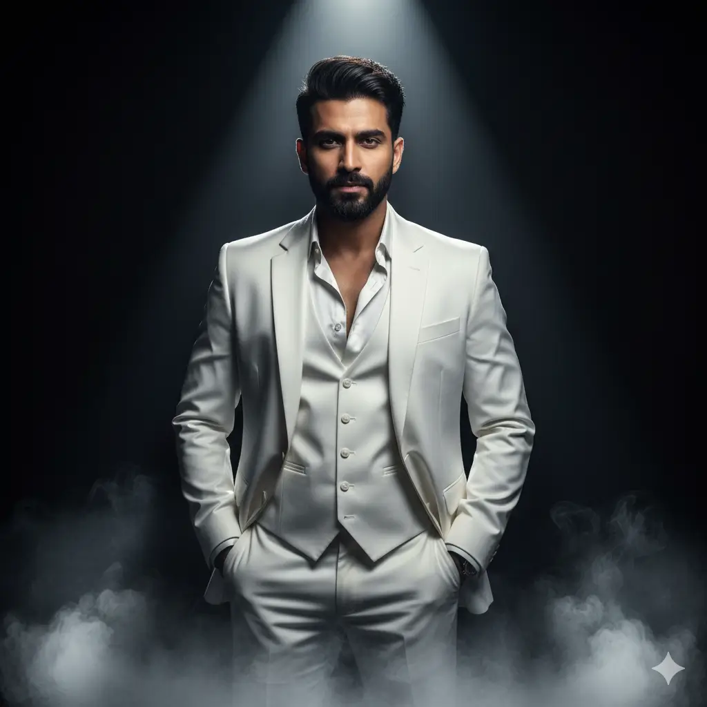 AI-generated white suit professional portrait with elegant styling, bearded man wearing cream white three-piece suit against dark moody background with dramatic spotlight lighting by Mahendra