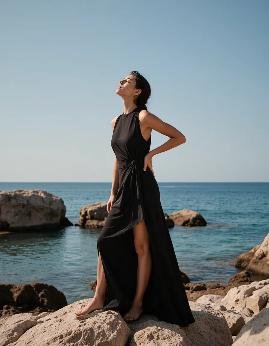 Elegant black maxi dress with side slit photographed on rocky coastal terrain, model basking in sunlight against turquoise sea background
