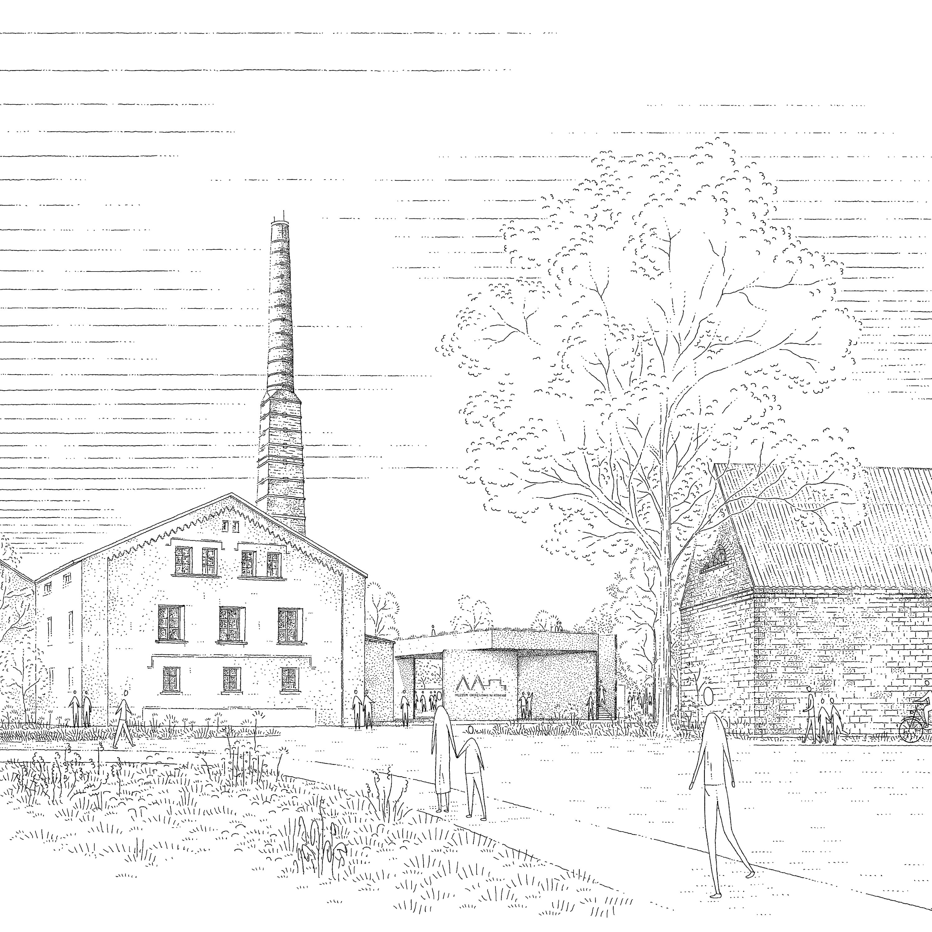 A sketched scene featuring a church with a tall steeple, surrounded by trees and a few figures walking nearby.