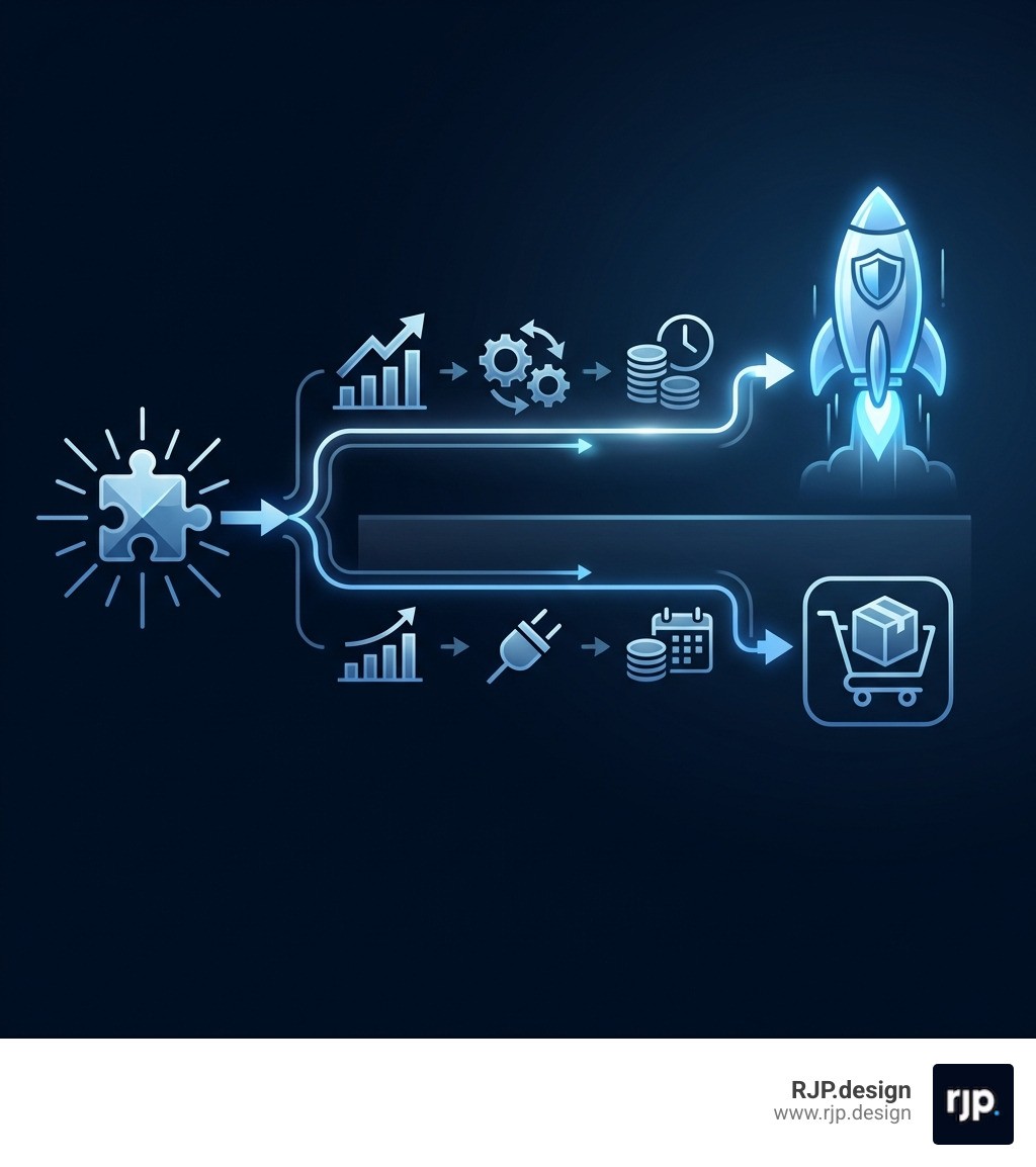 Infographic showing the decision framework for choosing custom ecommerce solutions: Starting with business model assessment (unique needs vs. standard), moving through key factors like scalability requirements, integration complexity, budget considerations, and timeline expectations, ending with clear indicators for when custom development makes strategic sense versus when a platform-based approach is sufficient - custom ecommerce solutions infographic