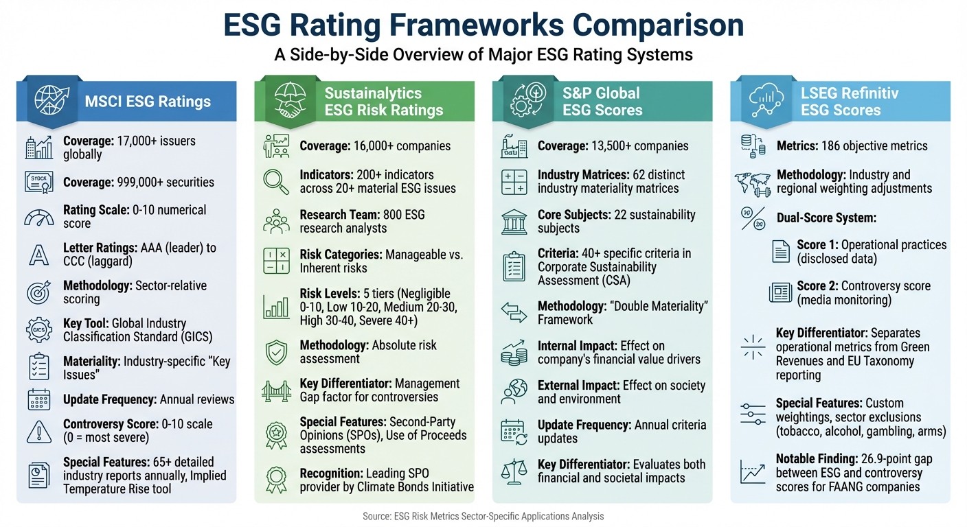 Comparison of Four Major ESG Rating Frameworks: MSCI, Sustainalytics, S&P Global, and LSEG Refinitiv