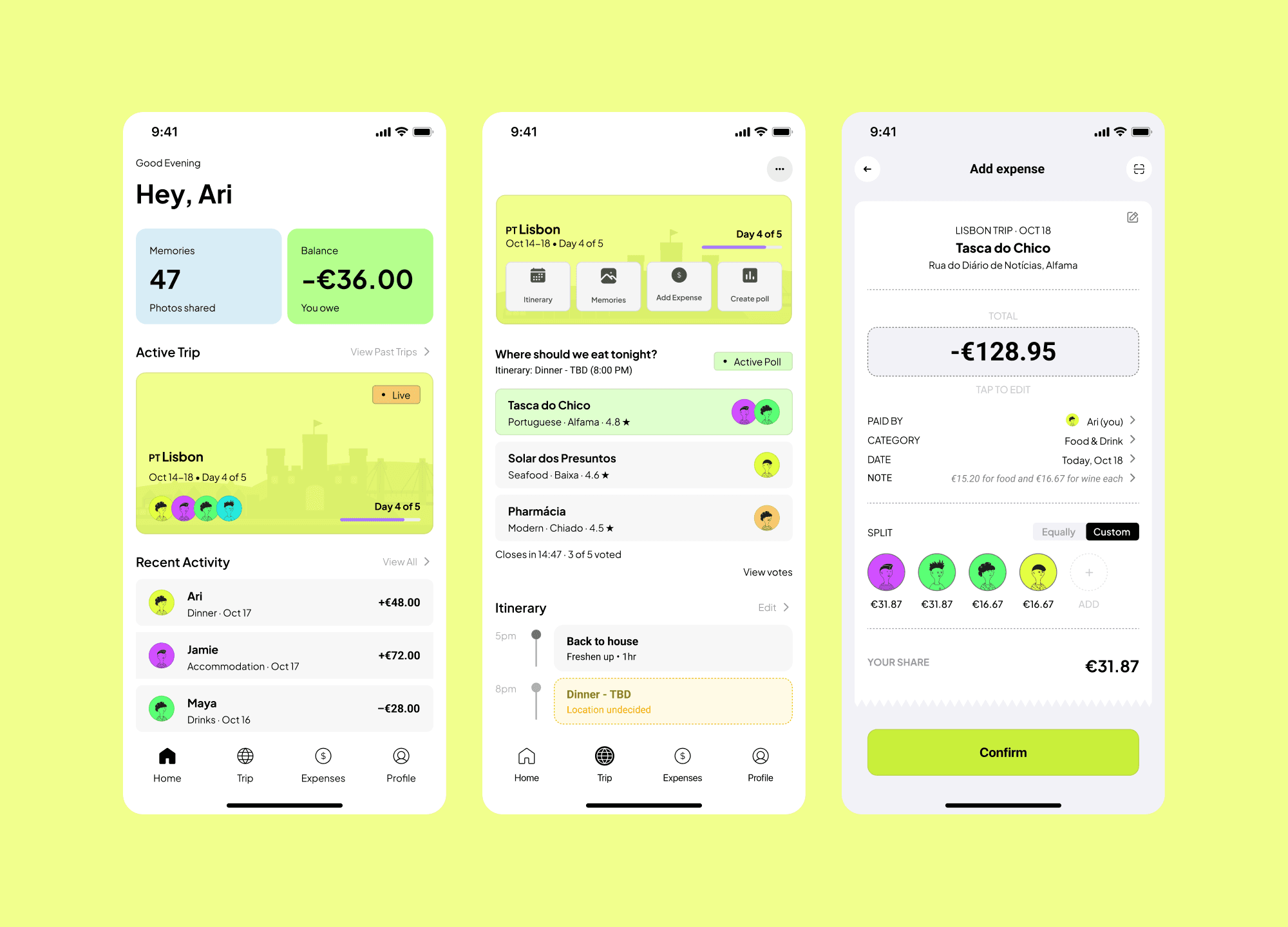 TripUp screens: group expenses and shared trip photos in one app