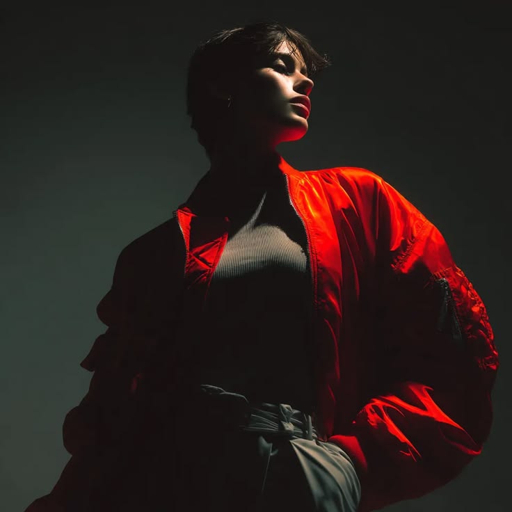 a lady on a red jacket