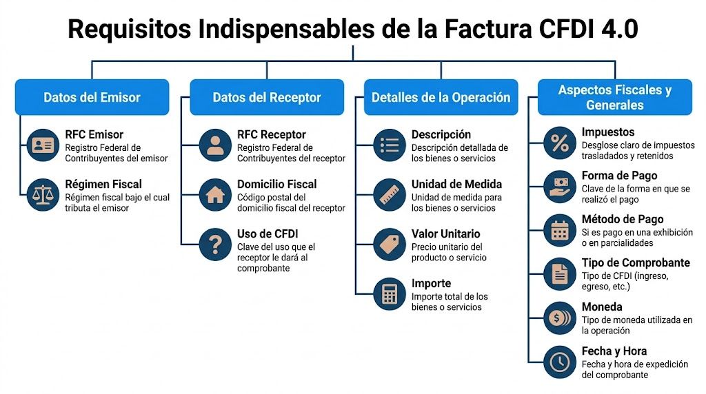 Diagrama que detalla los requisitos indispensables para la emisión de una factura electrónica CFDI versión 4.0 en México.