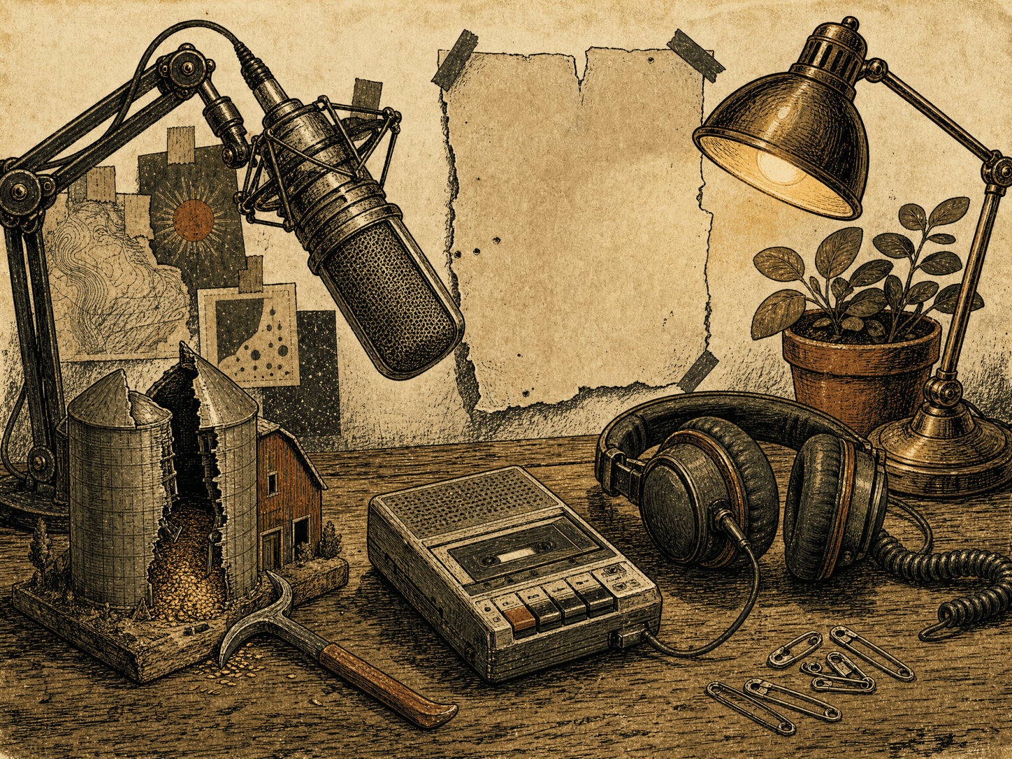 Hand-drawn podcast microphone beside a toy grain silo split open with a crowbar