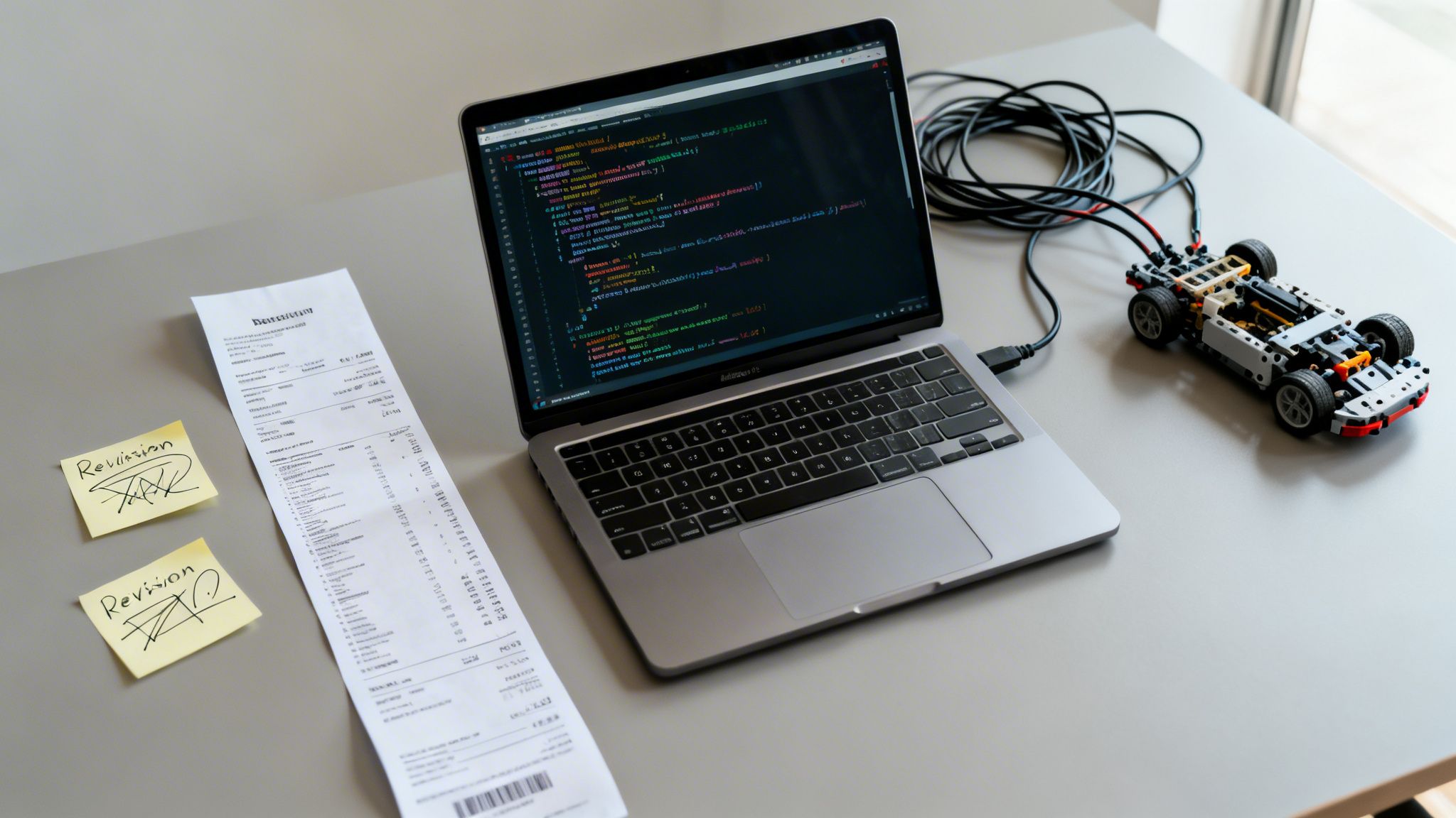 A creative tech workspace with a laptop showing code, a Lego car, a receipt, and revision notes.