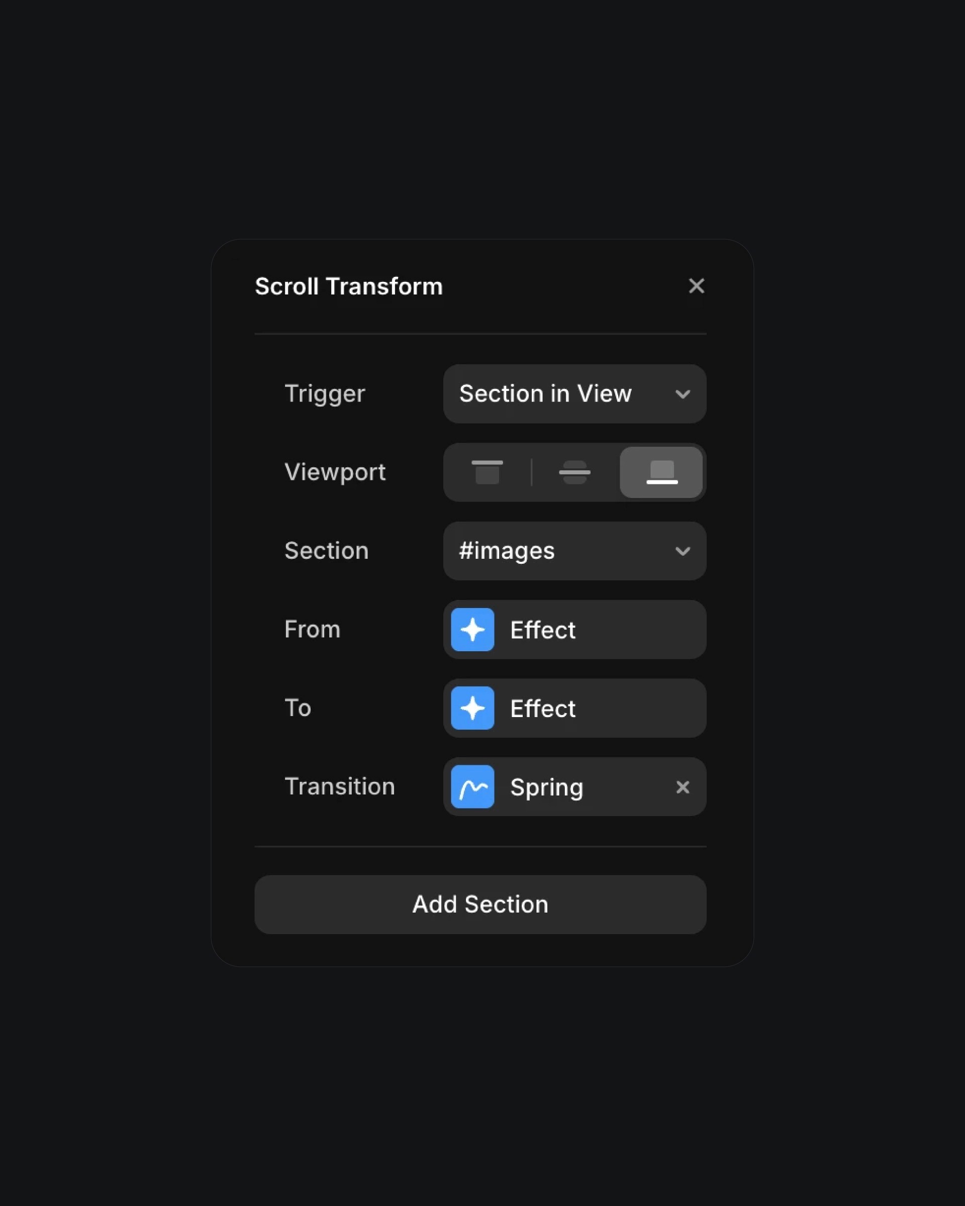 Scroll transform settings for dynamic web effects