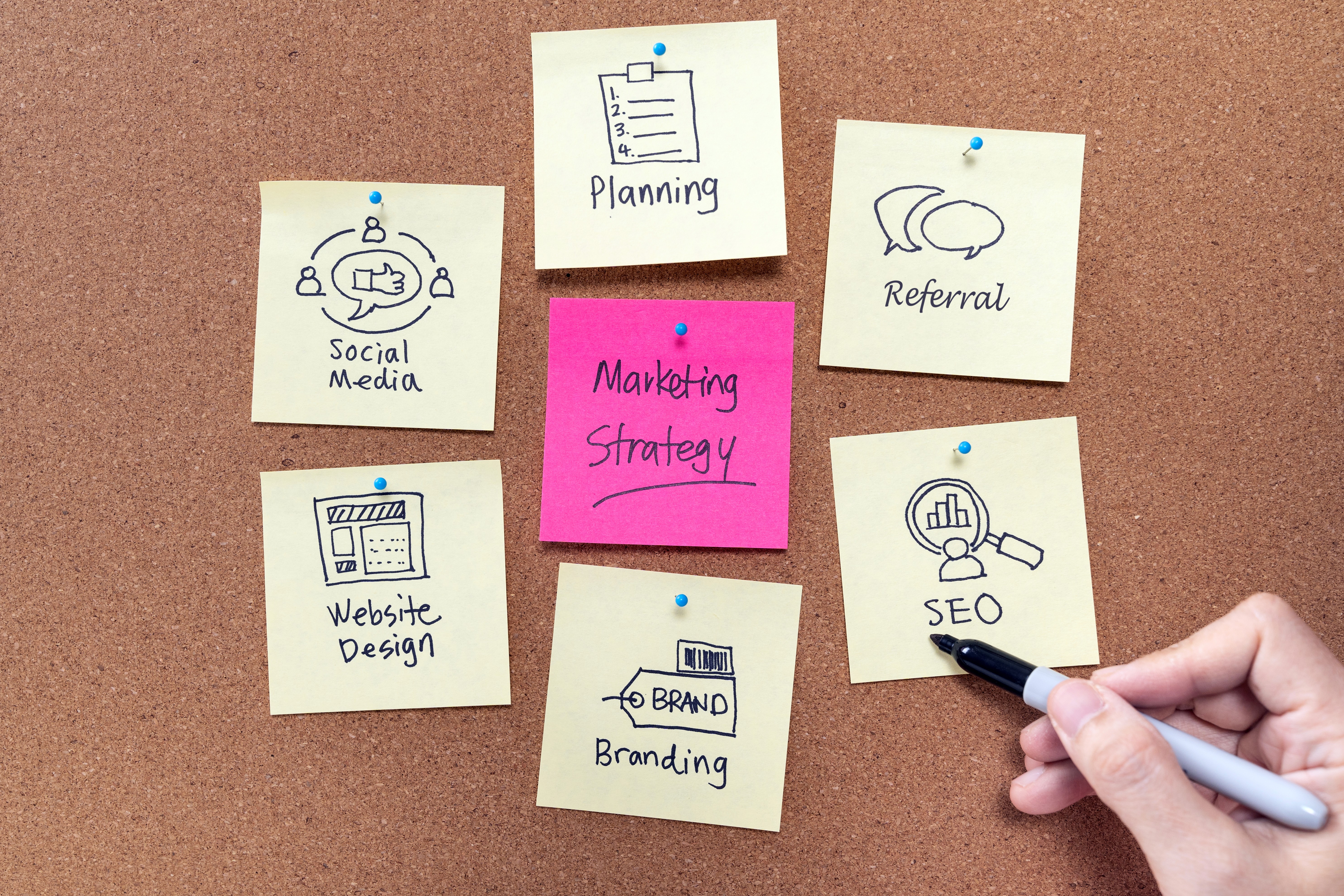 Marketing strategy mapped out as disconnected sticky notes covering social media, referrals, SEO, branding, and website design — illustrating why piecemeal tactics without a unified system fail to produce consistent results for service businesses.