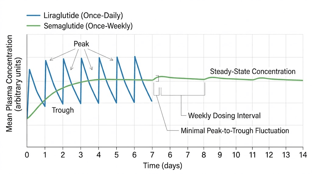 Blood level comparison chart liraglutide daily vs semaglutide weekly dosing