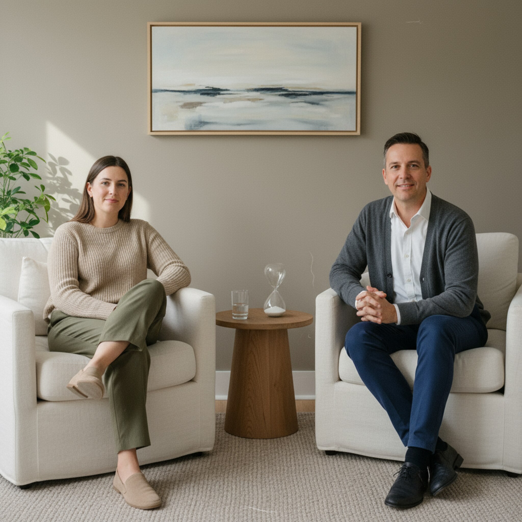 Ein ruhiger Beratungsraum mit zwei bequemen Sesseln, ein kleiner Beistelltisch dazwischen. Ein Glas Wasser und ein schlichtes Sanduhren-Set setzen den Rahmen. Der Coach schaut seinem Gegenüber offen zu, Hände entspannt im Schoß. Die Szene wirkt fokussiert, verbindlich und professionell.