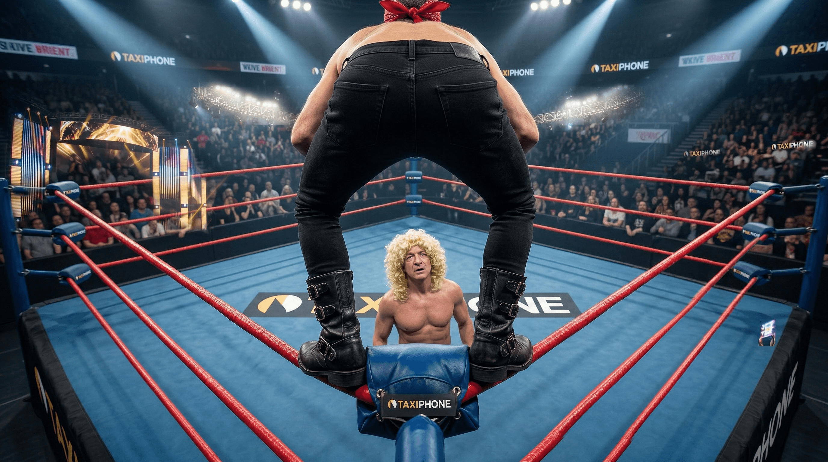Wrestler standing over his opponent inside a branded arena