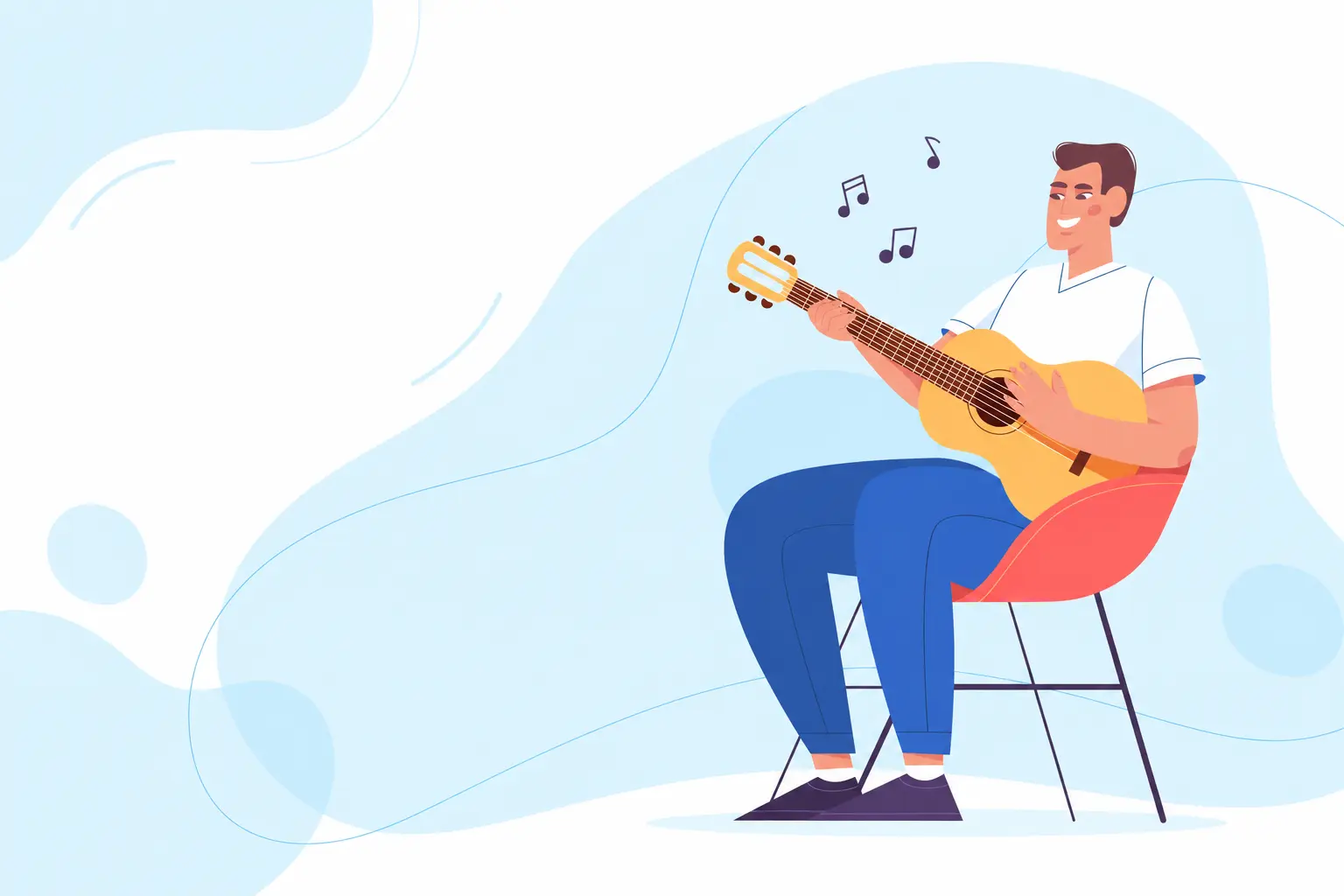 Illustration of a smiling worship leader playing acoustic guitar with musical notes floating above