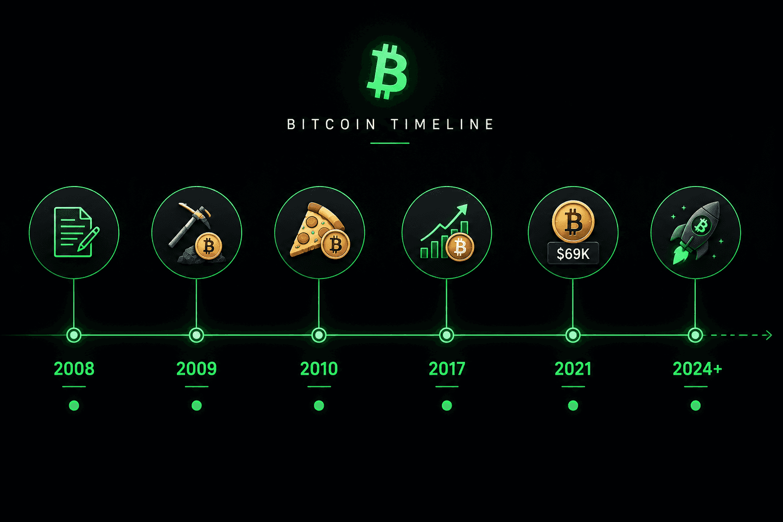 Bitcoin timeline from 2008 white paper to 2024 showing key milestones including pizza transaction mining launch and price highs