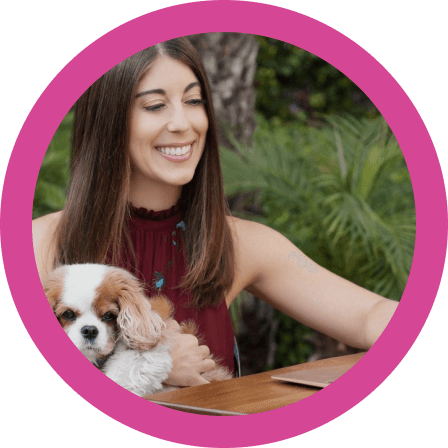 Photo of Ali Zarrow and her dog with a pink border.