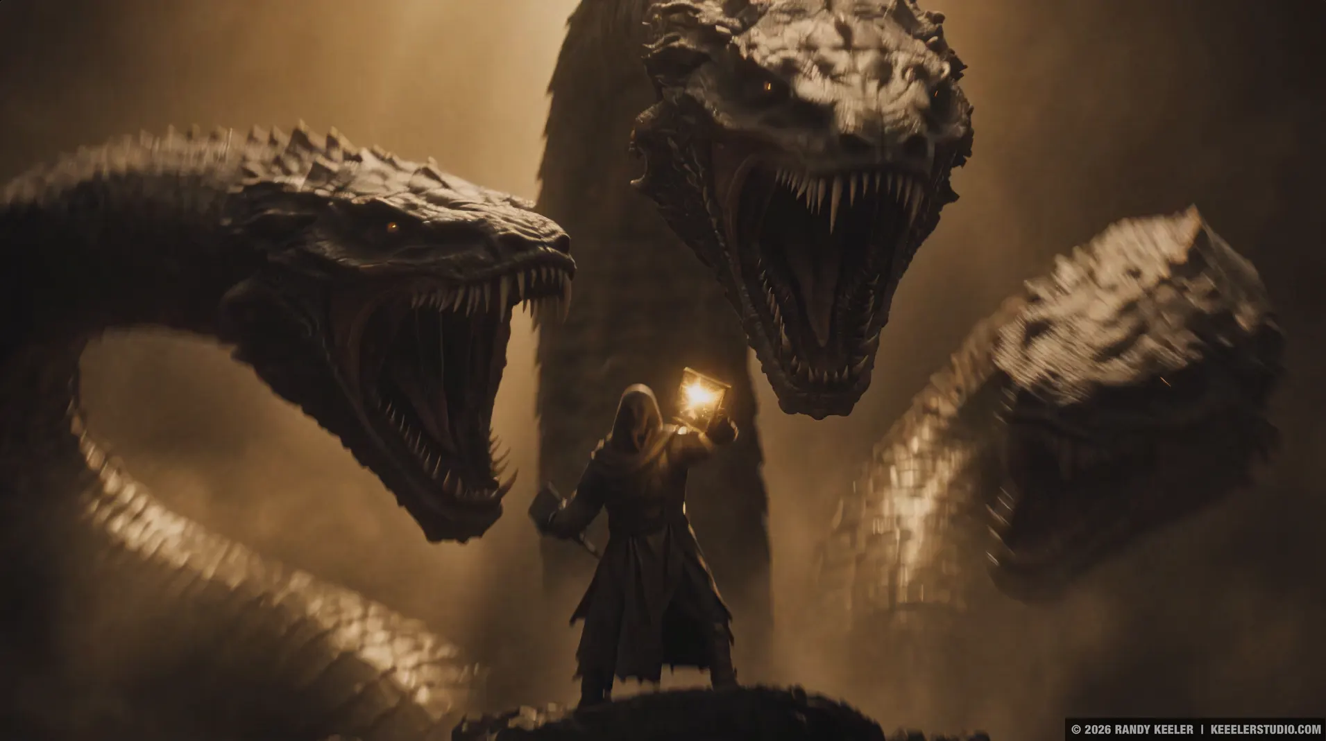 Warrior fighting dragons with Bible
