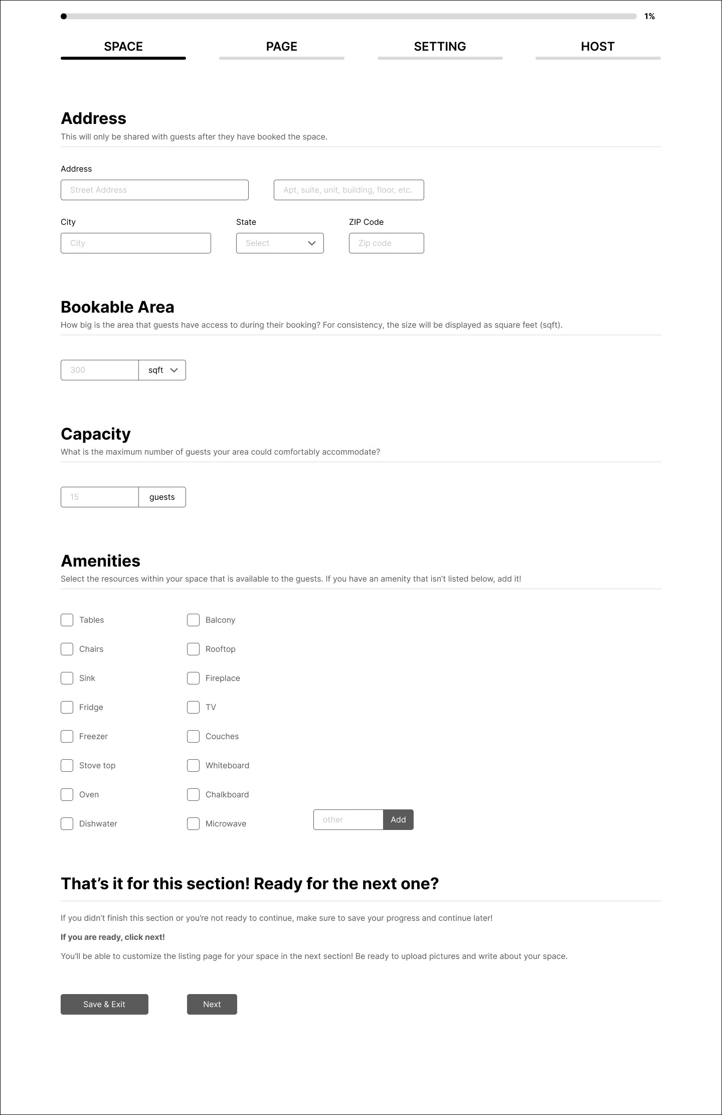 List Your Space Wireframe - My Dao Designer Portfolio
