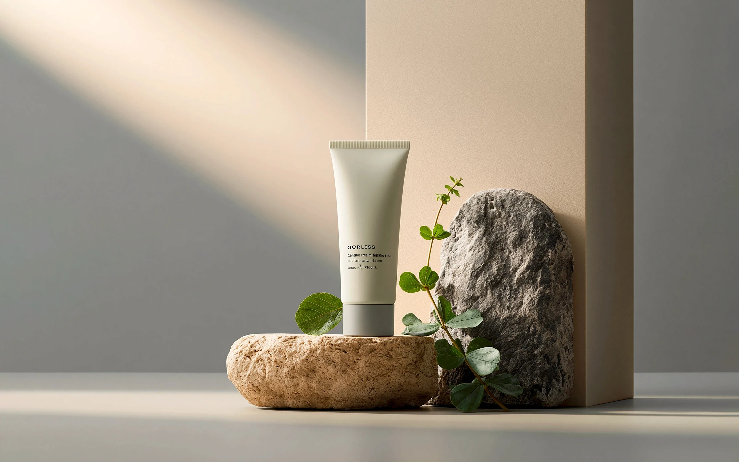 Skincare tube on a flat stone beside a large rock and beige backdrop, illuminated by a warm ray of light.