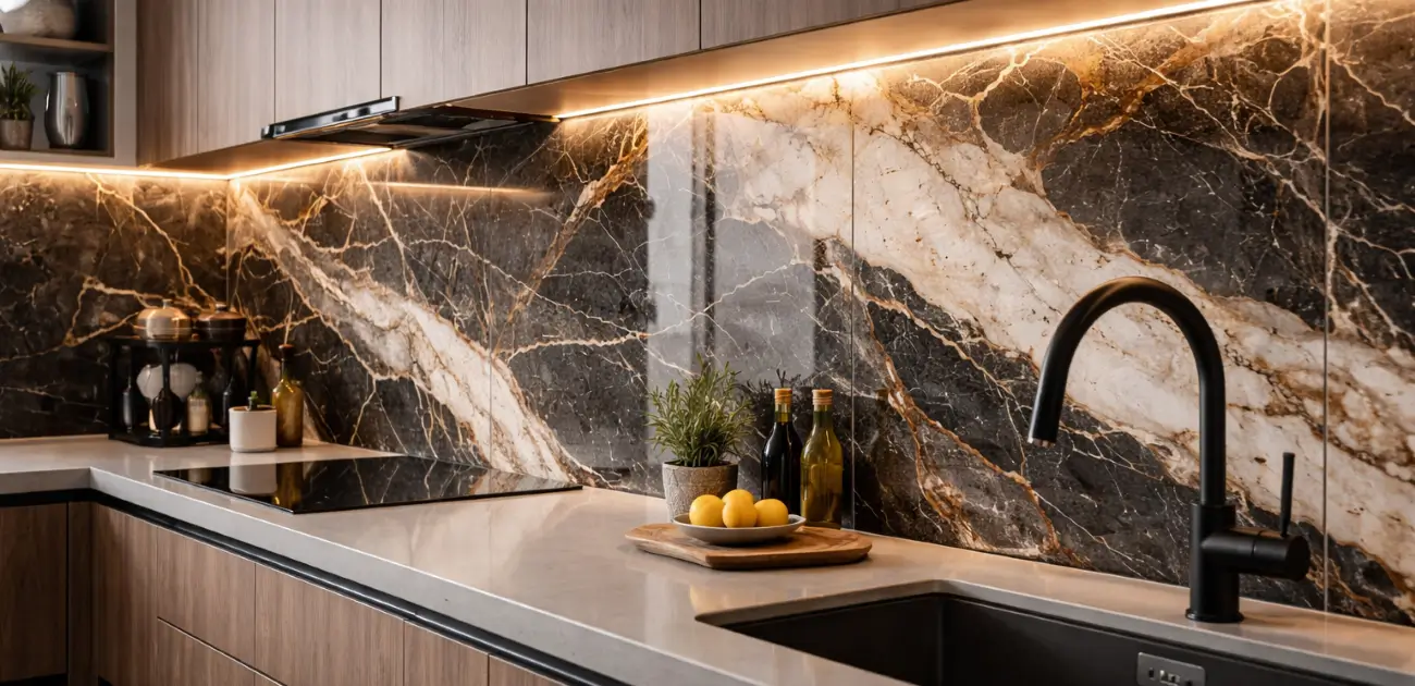 Μοντέρνα κουζίνα με πλακάκια backsplash marble και minimal σχεδιασμό σε κατοικία στα Μεσόγεια
