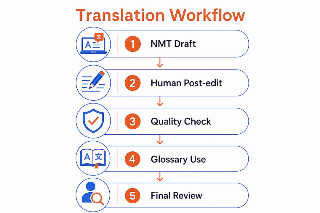 Infographic illustrating multilingual translation workflow steps