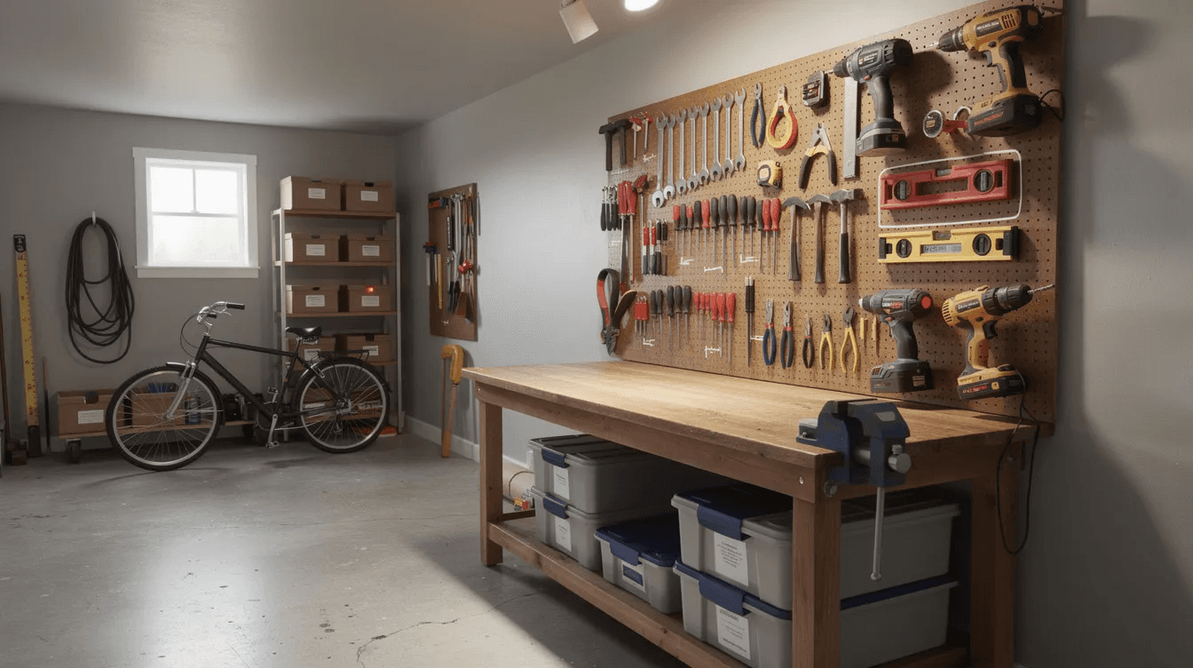 The image depicts a small workshop or garage with an organized pegboard wall displaying various tools, ideal for small business owners looking to start a business. This setup reflects a practical space for managing startup costs and executing a business plan effectively.