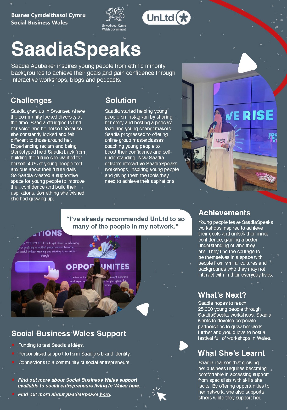 A mainly grey case study for UnLtd with accents of red swirling lines, columns of text in English and images of a woman in a burqa giving talks to an audience.