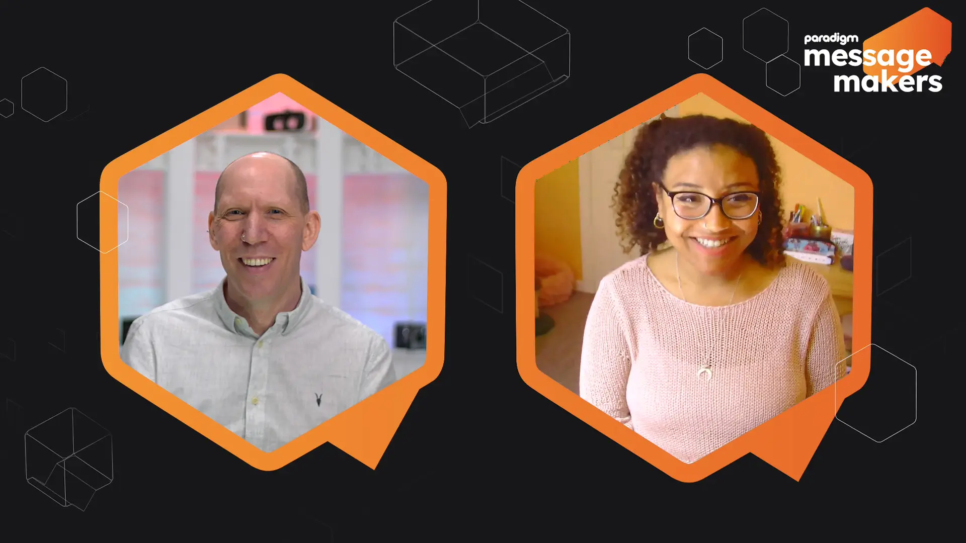 Screenshot of Sasha Cornelius and Owen Vittanuova talking in the Paradigm Message Makers podcast
