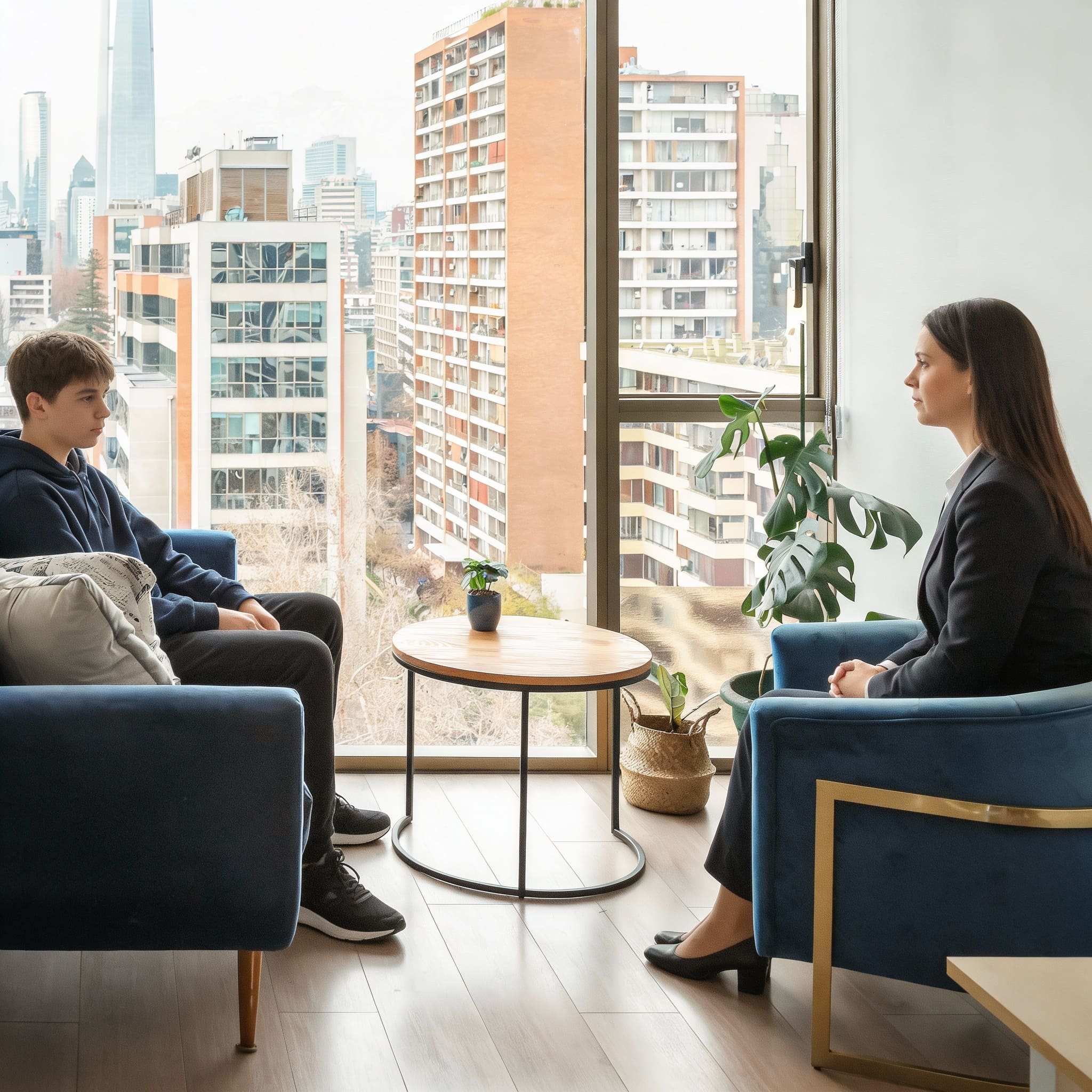 Sesión de psicoterapia juvenil: adolescente conversando con psicóloga en oficina con vista a Santiago.